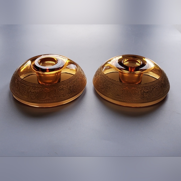 🕯Vntg Amber&Gold Gilt 4" Wide Candle Taper🕯Holders Pair - Picture 10 of 15